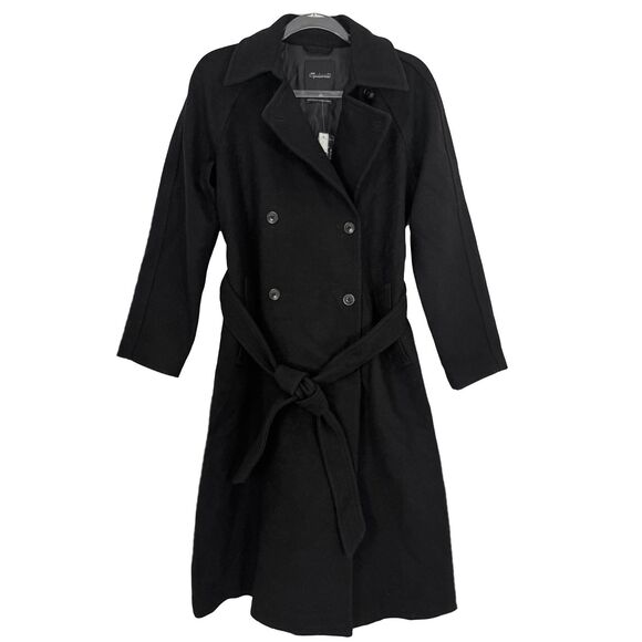 MADEWELL Double-Breasted Trench Coat XS True Black Wool Blend Long Belted NWT - Picture 2 of 7